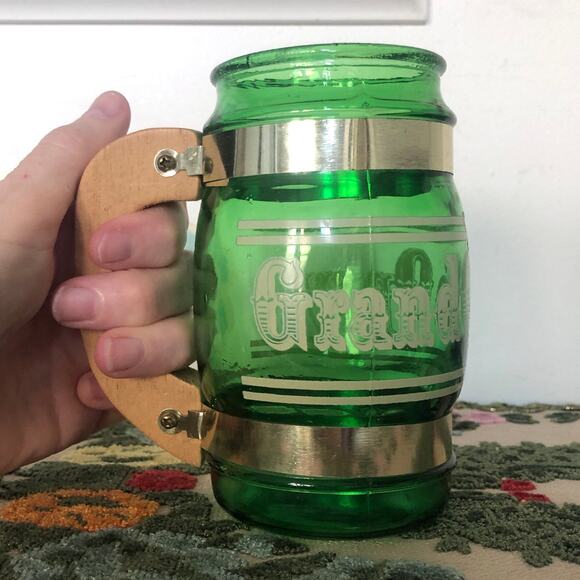 Vintage Siesta Ware Grand Ole Opry Mug, 1960s Green Glass Coffee Cup Wood Handle - Picture 1 of 8